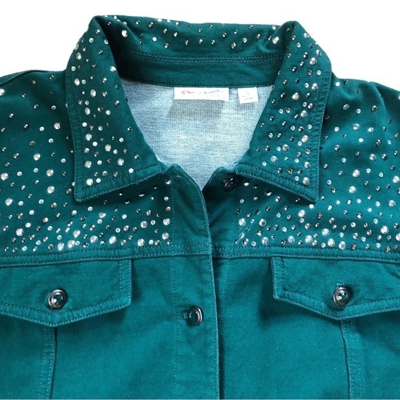 Dream Jeanne’s By Quacker Factory Studded Stretch Jean Jacket Sz L Dk Green - Picture 2 of 11